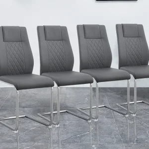 Set van 4 kunstleren sledestoelen - metalen poten - rugleuning ruitpatroon - grijs