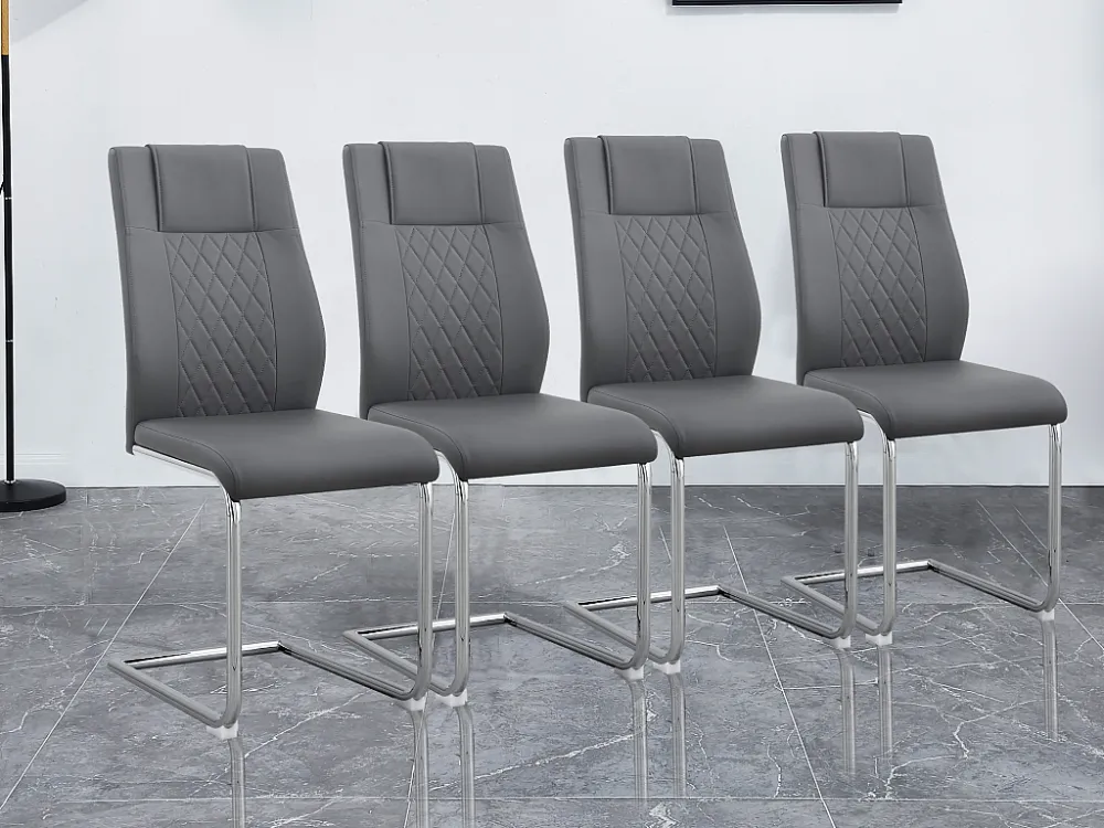 Set van 4 kunstleren sledestoelen - metalen poten - rugleuning ruitpatroon - grijs