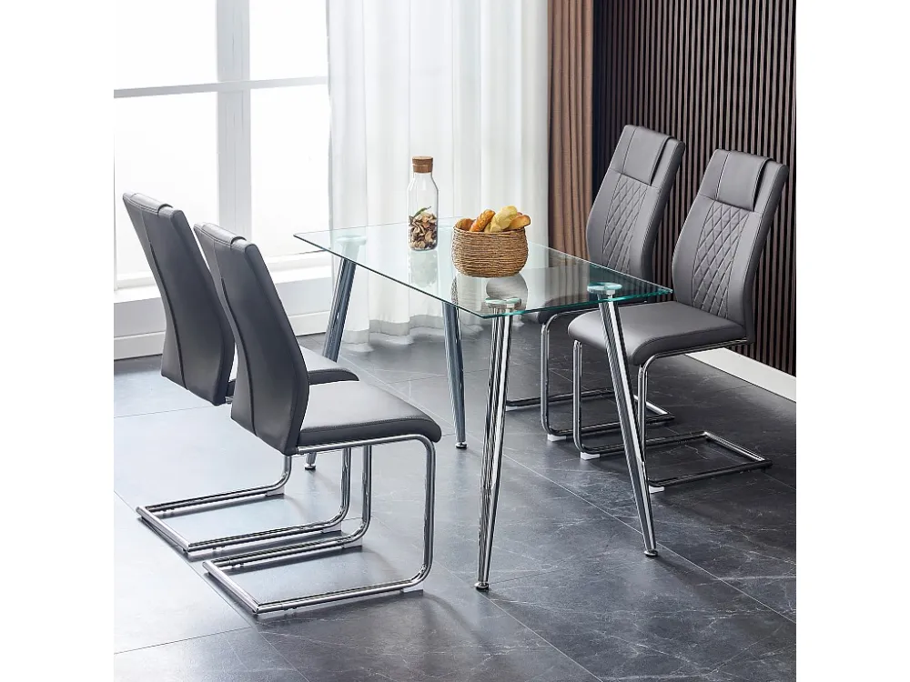 Set van 4 kunstleren sledestoelen - metalen poten - rugleuning ruitpatroon - grijs