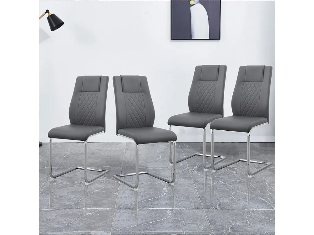 Set van 4 kunstleren sledestoelen - metalen poten - rugleuning ruitpatroon - grijs