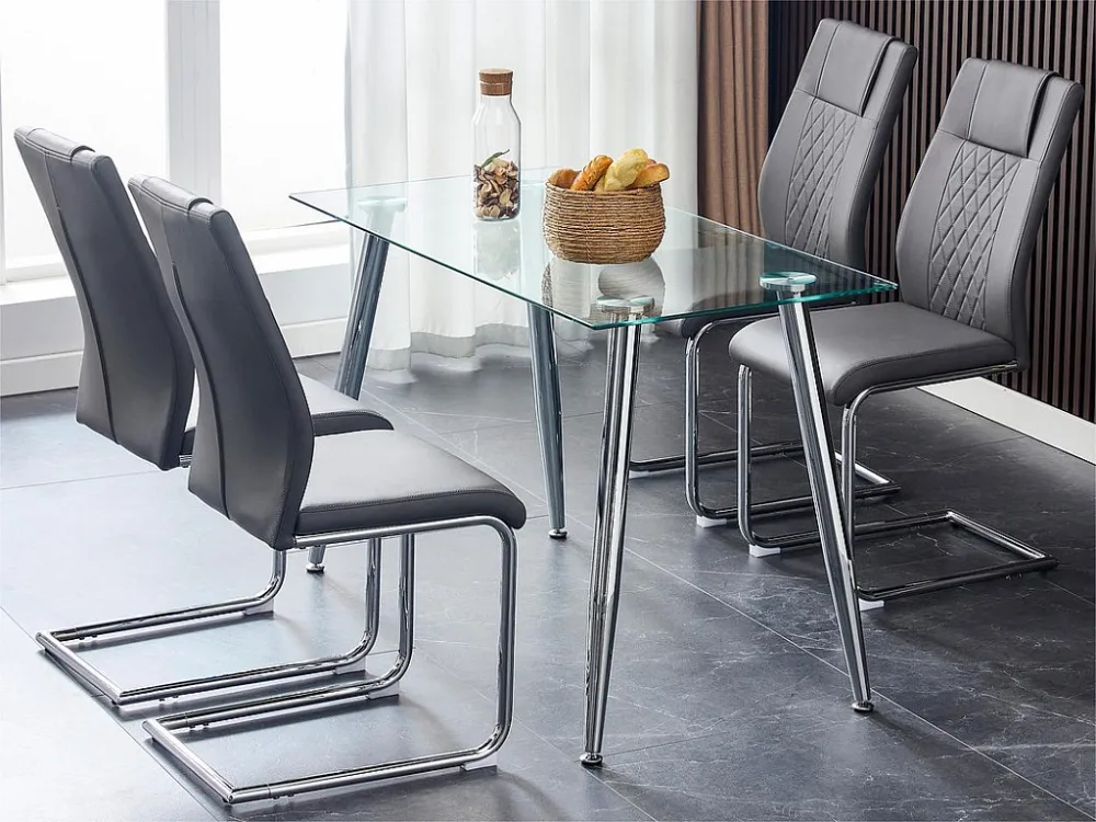 Set van 4 kunstleren sledestoelen - rugleuning ruitpatroon - chroom metalen structuur - grijs