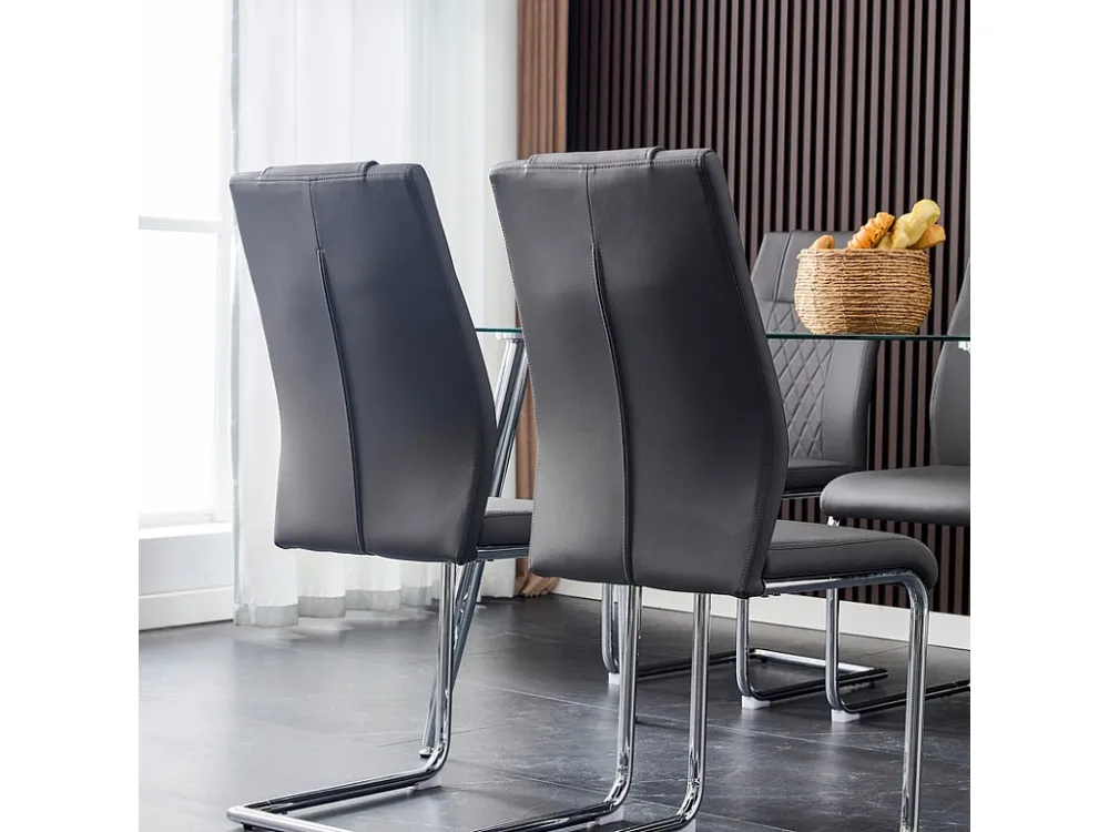 Set van 4 kunstleren sledestoelen - rugleuning ruitpatroon - chroom metalen structuur - grijs