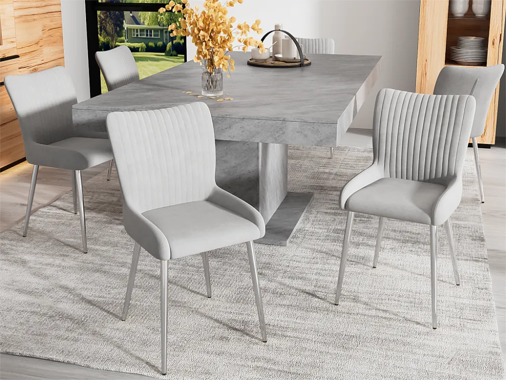 Set van 6 Luxe fluweel stoelen - met zilveren metalen poten - Grijs