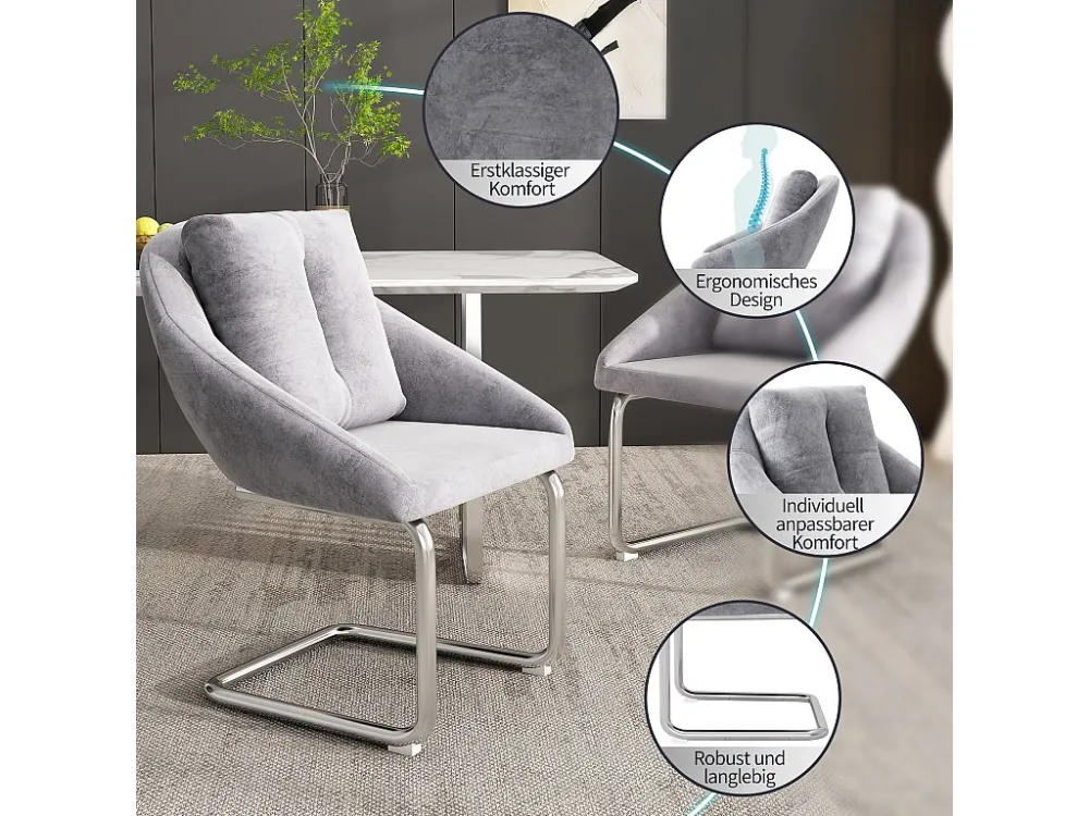 Set van 6 Pluche stoelen - metalen structuur - Grijs