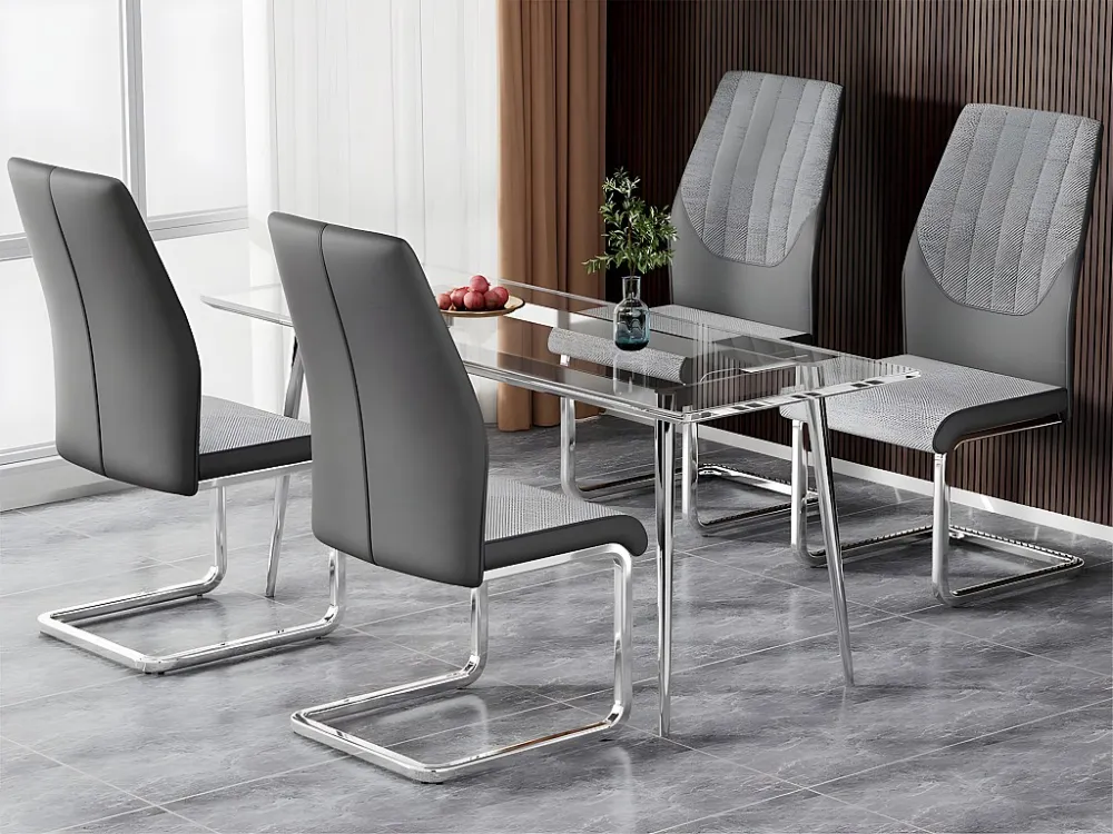 Set van 4 sledestoelen - chroom metalen structuur - kunstleer en linnen stof - Grijs