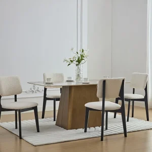 Set van 6 stoelen van boucléstof en heveahout - Zwart en wit - JASMENA