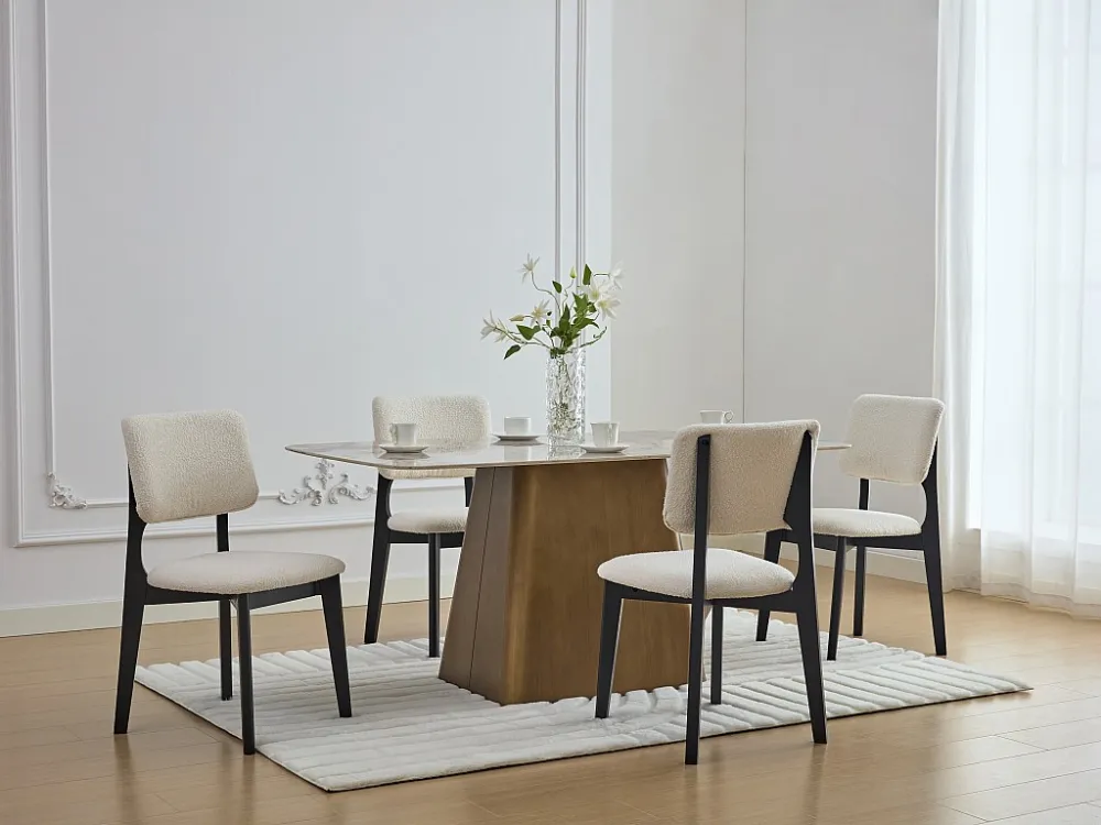 Set van 6 stoelen van boucléstof en heveahout - Zwart en wit - JASMENA