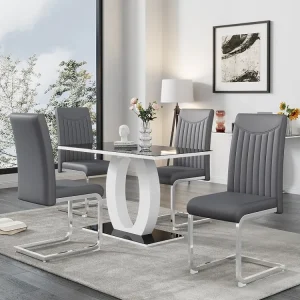 Set van 4 stoelen van synthetisch leer - metalen poten - rugleuning met gestreept patroon - grijs