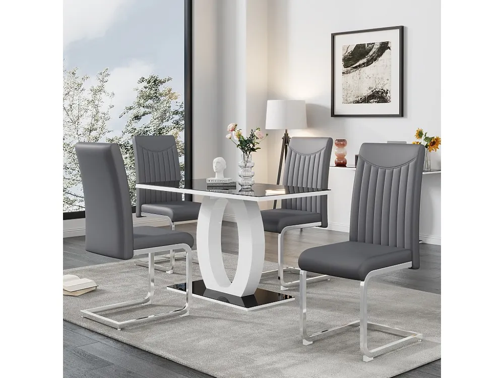 Set van 4 stoelen van synthetisch leer - metalen poten - rugleuning met gestreept patroon - grijs
