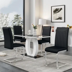 Set van 4 stoelen van synthetisch leer - metalen poten - rugleuning met gestreept patroon - zwart