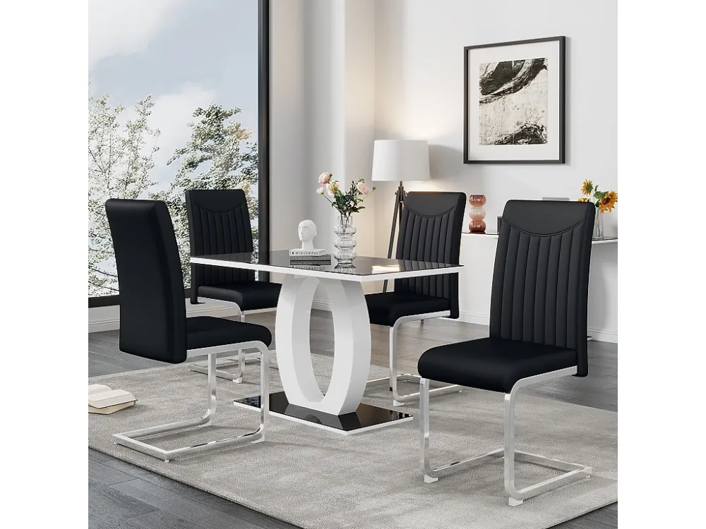 Set van 4 stoelen van synthetisch leer - metalen poten - rugleuning met gestreept patroon - zwart