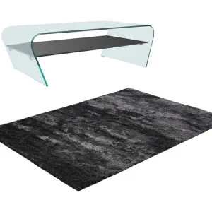 Set van transparante en zwarte salontafel KELLY en shaggy antracietkleurig tapijt DOLCE