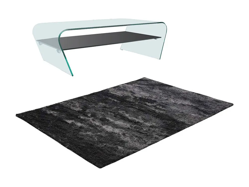 Set van transparante en zwarte salontafel KELLY en shaggy antracietkleurig tapijt DOLCE