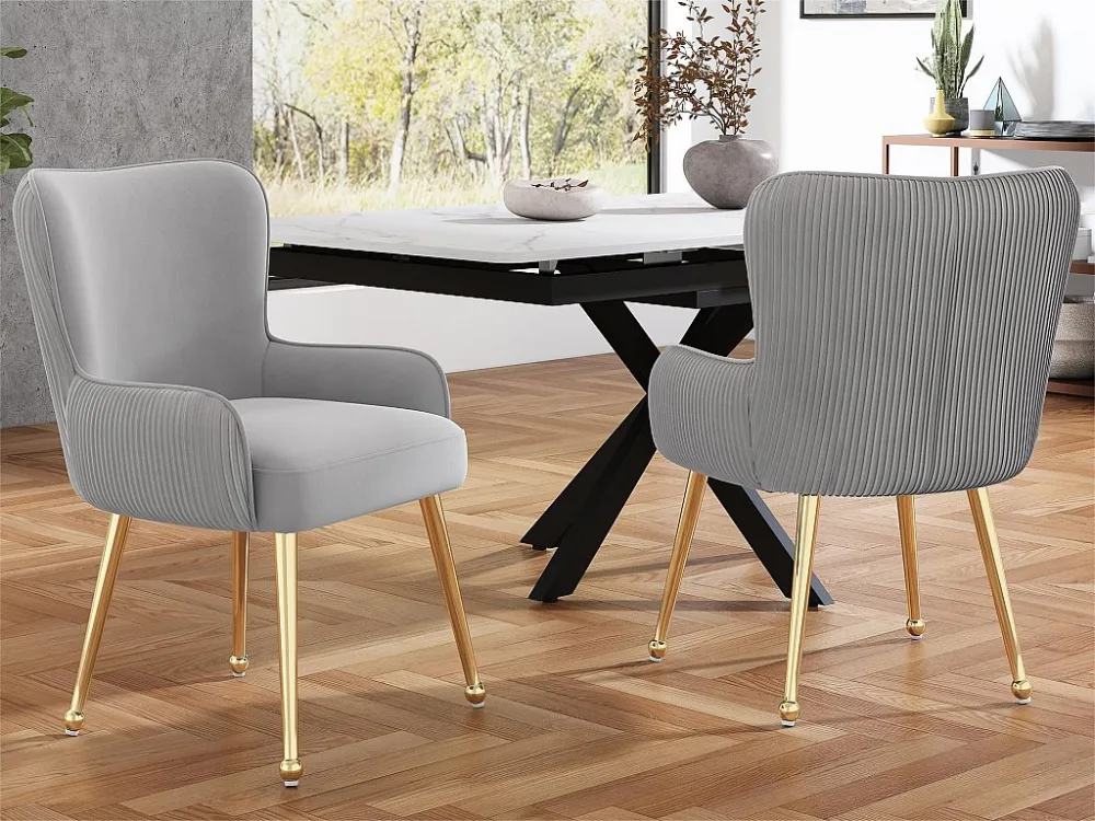 Set van 2 Velours stoelen - met armleuningen en goud metalen poten - Grijs & Goud