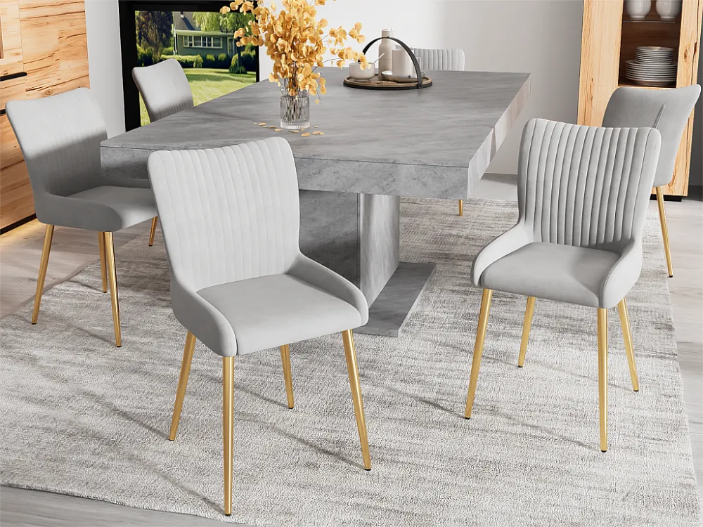 Set van 6 Veloursstof stoelen - met goud metalen poten - Grijs