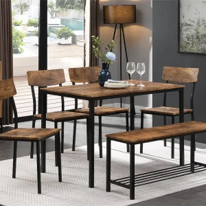 Tafel en 4 stoelen set 1 bank - 6 positioneren - stalen frame - industriële stijl - bruin