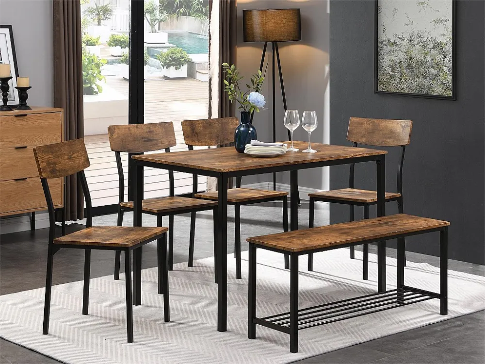 Tafel en 4 stoelen set 1 bank - 6 positioneren - stalen frame - industriële stijl - bruin