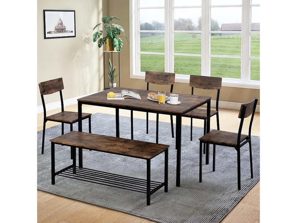 Tafel en 4 stoelen set 1 bank - 6 positioneren - stalen frame - industriële stijl - bruin