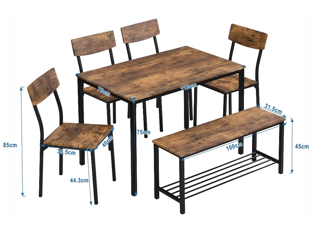 Tafel en 4 stoelen set 1 bank - 6 positioneren - stalen frame - industriële stijl - bruin
