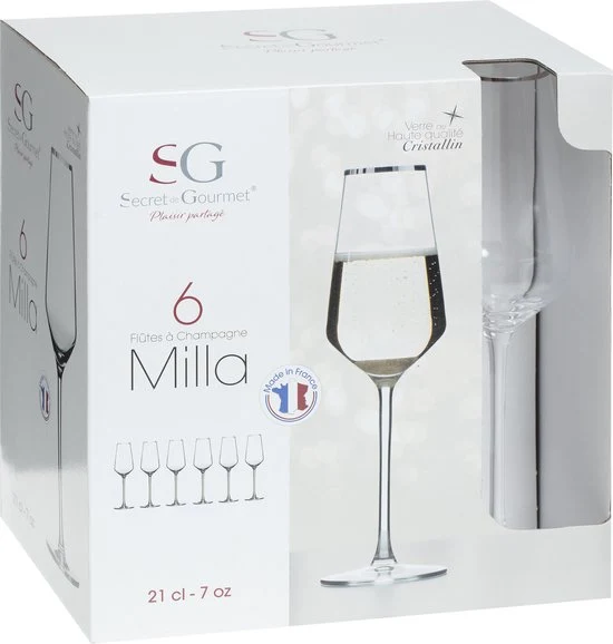 Alvito Champagneglazen set van 6 stuks - inhoud 21 cl - met Zilveren Rand