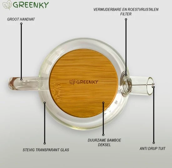 GREENKY® Glazen theepot met filter en bamboe deksel- Theekan - Duurzaam - Filter - Theehouder - Theeglas - Fruitkan - Sche...