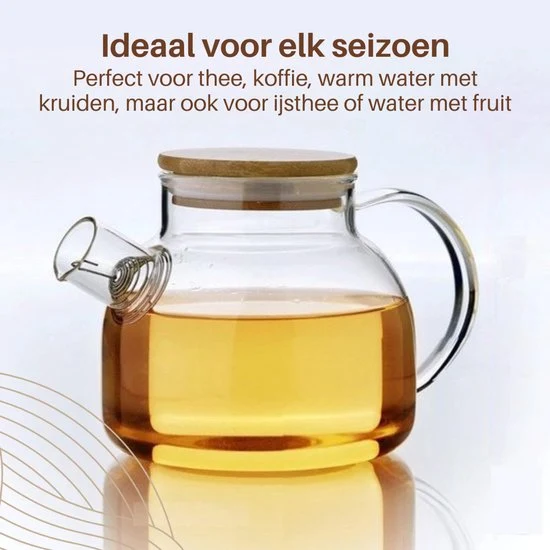 GREENKY® Glazen theepot met filter en bamboe deksel- Theekan - Duurzaam - Filter - Theehouder - Theeglas - Fruitkan - Sche...