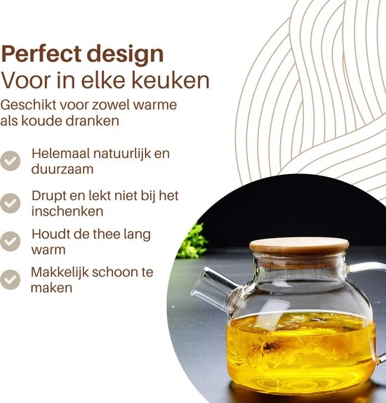 GREENKY® Glazen theepot met filter en bamboe deksel- Theekan - Duurzaam - Filter - Theehouder - Theeglas - Fruitkan - Sche...