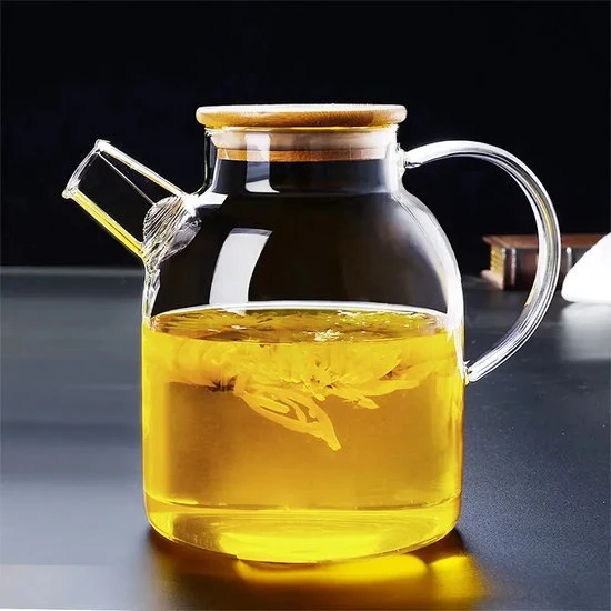 GREENKY® Glazen theepot met filter en bamboe deksel- Theekan - Duurzaam - Filter - Theehouder - Theeglas - Fruitkan - Sche...