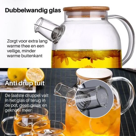 GREENKY® Glazen theepot met filter en bamboe deksel- Theekan - Duurzaam - Filter - Theehouder - Theeglas - Fruitkan - Sche...