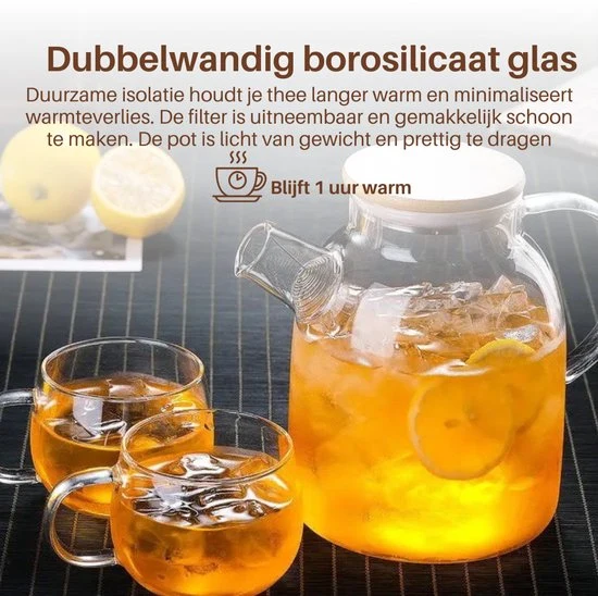 GREENKY® Glazen theepot met filter en bamboe deksel- Theekan - Duurzaam - Filter - Theehouder - Theeglas - Fruitkan - Sche...