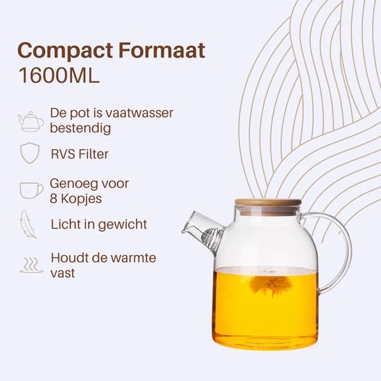 GREENKY® Glazen theepot met filter en bamboe deksel- Theekan - Duurzaam - Filter - Theehouder - Theeglas - Fruitkan - Sche...