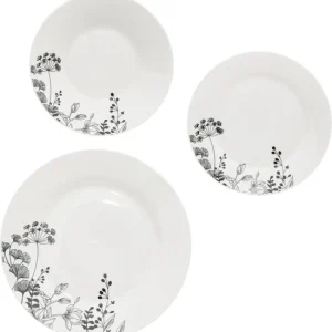 Porseleinen Serviesset Wild Flower 6-persoons 18-delig - Wit-Zwart