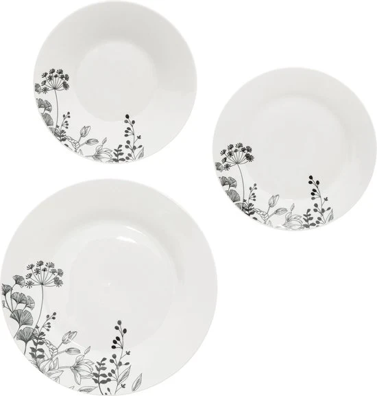 Porseleinen Serviesset Wild Flower 6-persoons 18-delig - Wit-Zwart