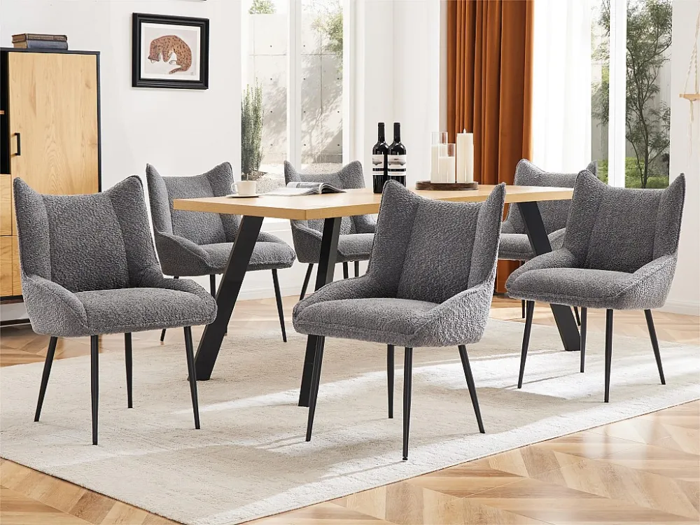 Set van 6 stoelen met dicht zitkussen - nette pluche stof - Grijs