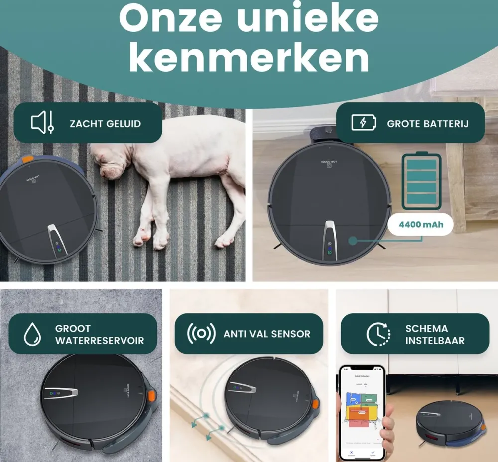 Samako Dweil-robotstofzuiger TurboFlow - Robotstofzuiger Met Dweilfunctie - Dweilrobot met laadstation- Robot Stofzuiger -...