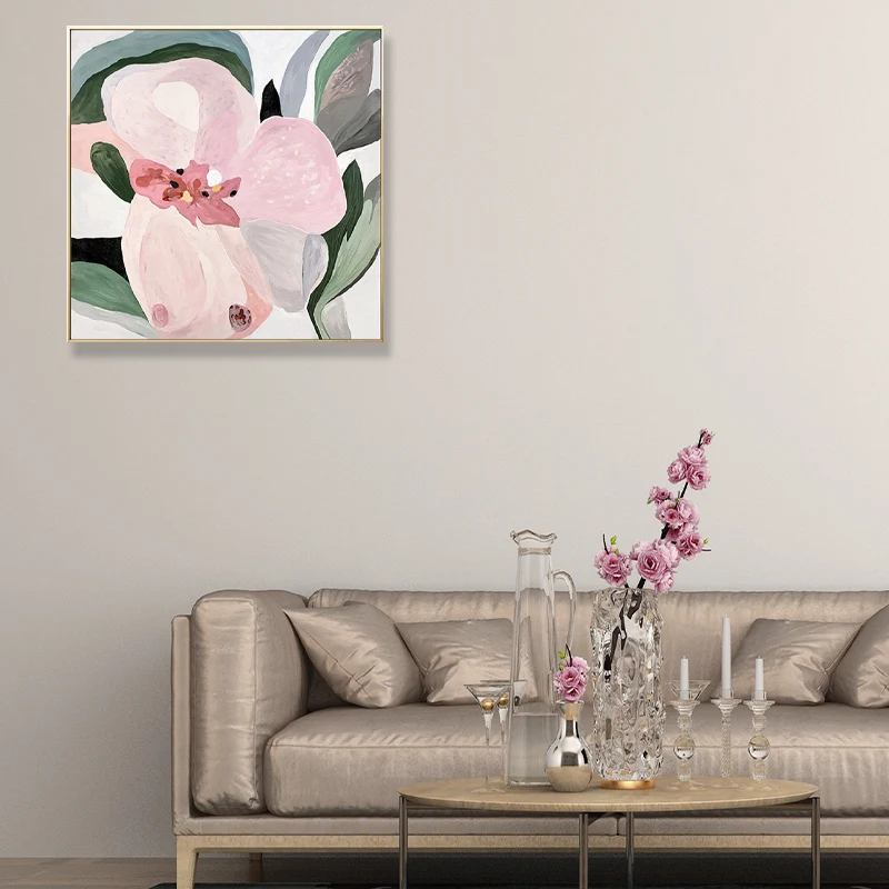 Bloemenmuurkunstdecor Traditioneel getextureerd vierkant canvasdoek roze voor woonkamer