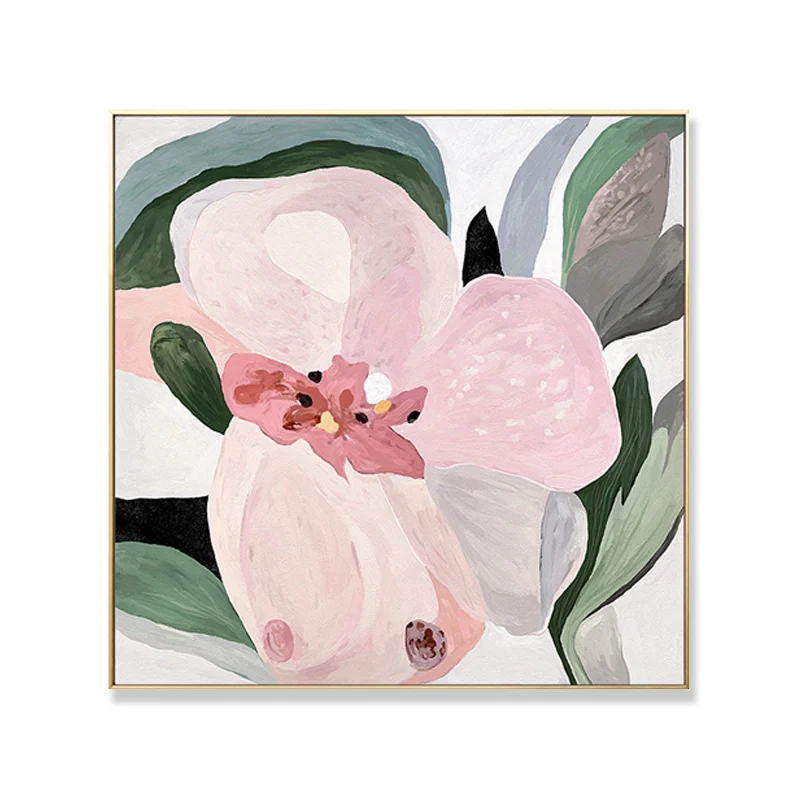 Bloemenmuurkunstdecor Traditioneel getextureerd vierkant canvasdoek roze voor woonkamer