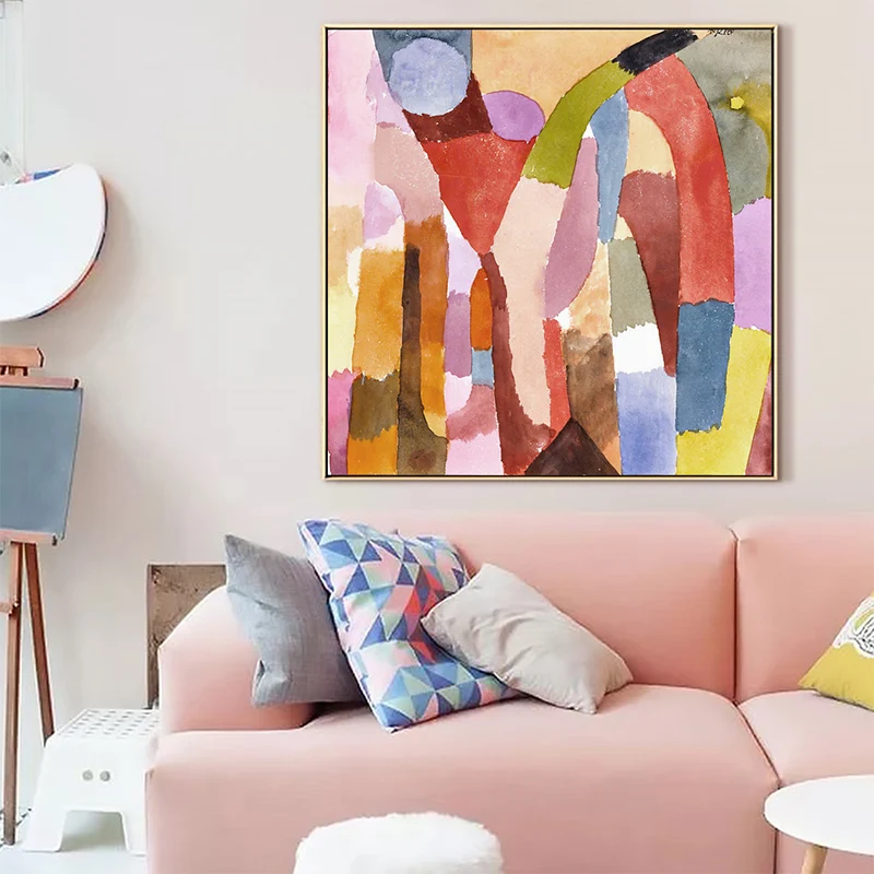 Traditionele geometrische schilderdoek getextureerde pastelkleurige vierkante muur decor voor woonkamer