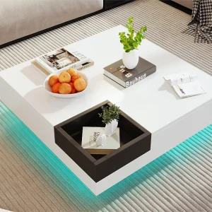 Vierkante salontafel met uitneembare opbergdoos - LED-verlichting onderaan - Wit & Zwart