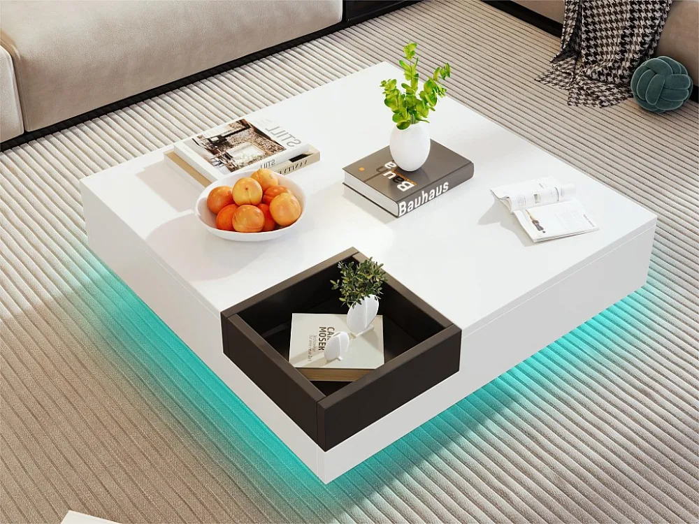 Vierkante salontafel met uitneembare opbergdoos - LED-verlichting onderaan - Wit & Zwart