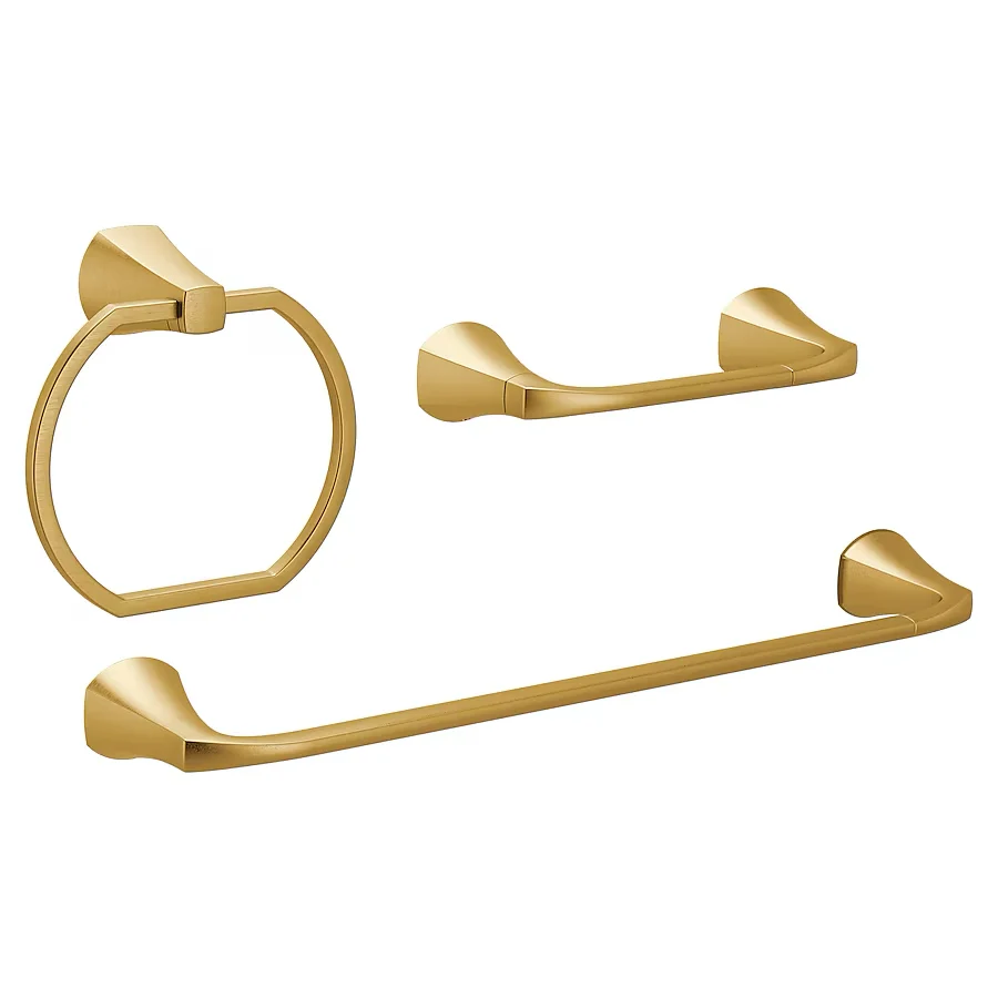 Moen 3-Piece Lindor Geborsteld Gold Decorative Bathroom Hardware Set Towel Bar,Toilet Paper Holder and Towel Ring