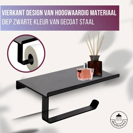4bathroomz® WC-Rolhouder Zwart met plankje voor Telefoon - toiletrolhouder
