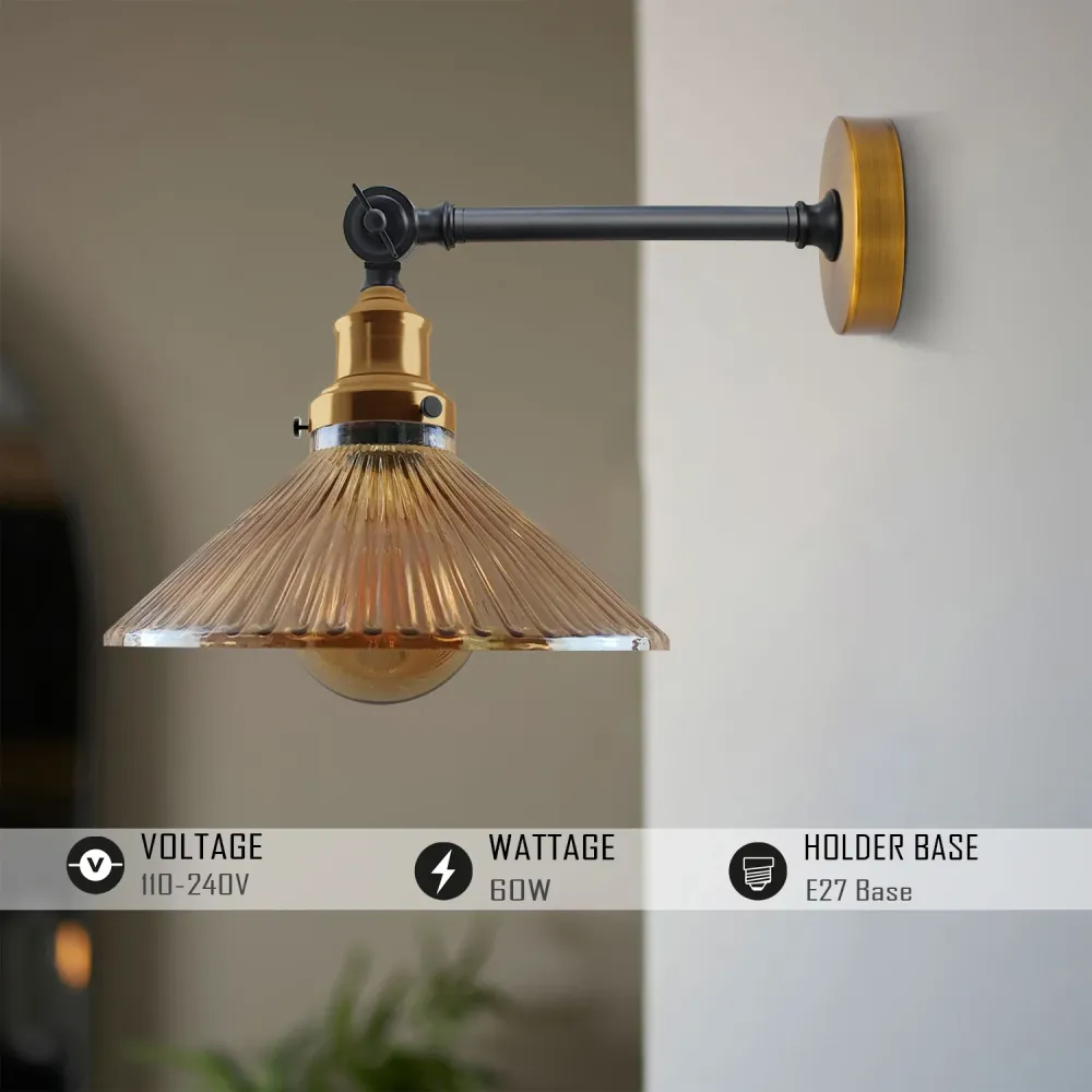Industriële verstelbare wandlamp van messing en glas ~2118