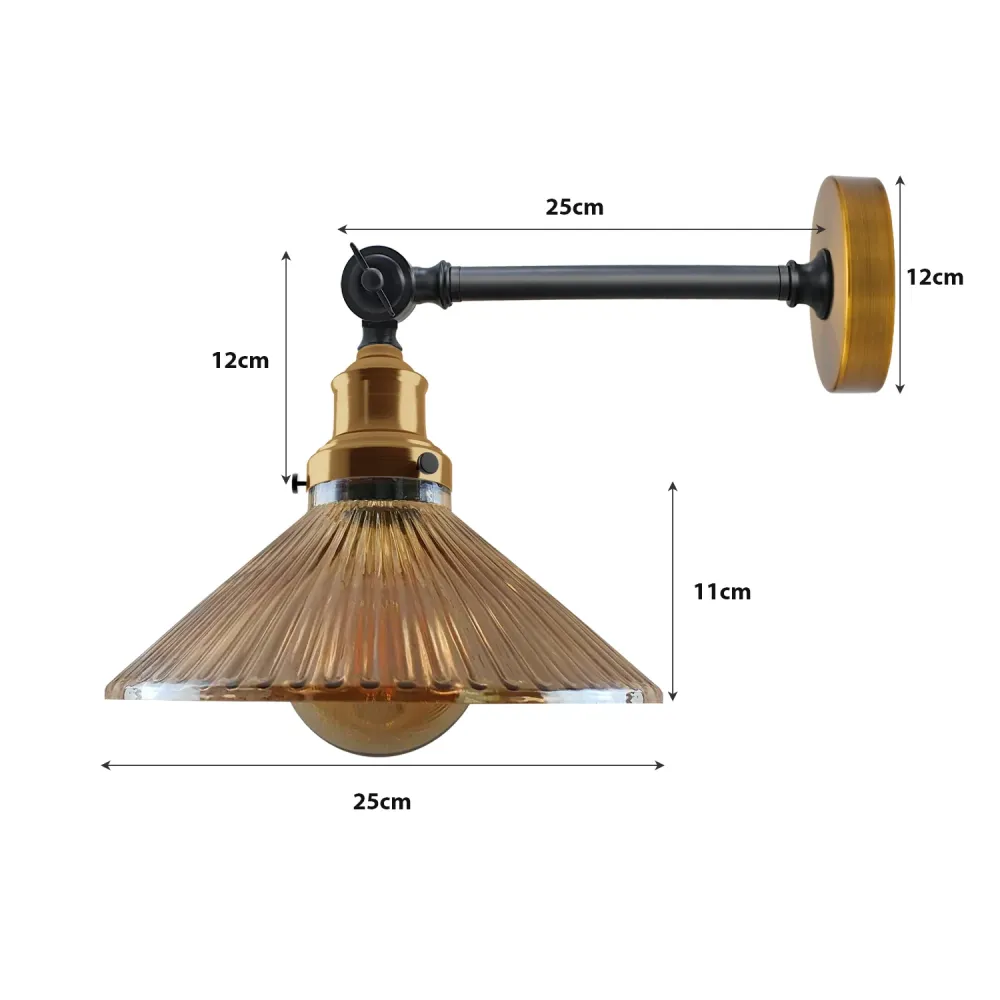 Industriële verstelbare wandlamp van messing en glas ~2118