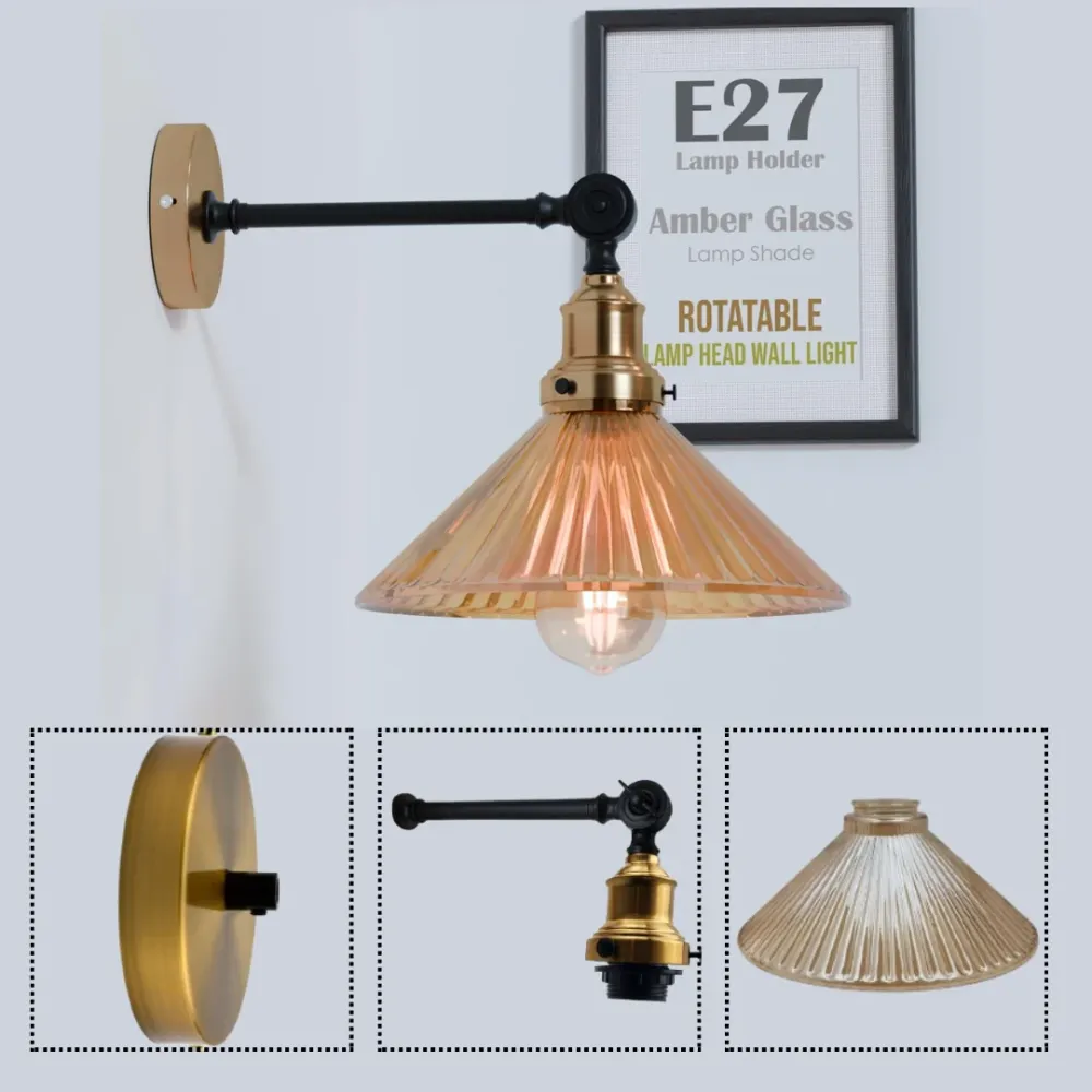 Industriële verstelbare wandlamp van messing en glas ~2118