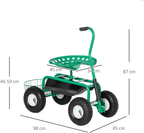 4goodz Tuinwagen met zitting, opbergmand voor tuingereedschap, verstelbare zithoogte 46-59 cm - tot 150 kg