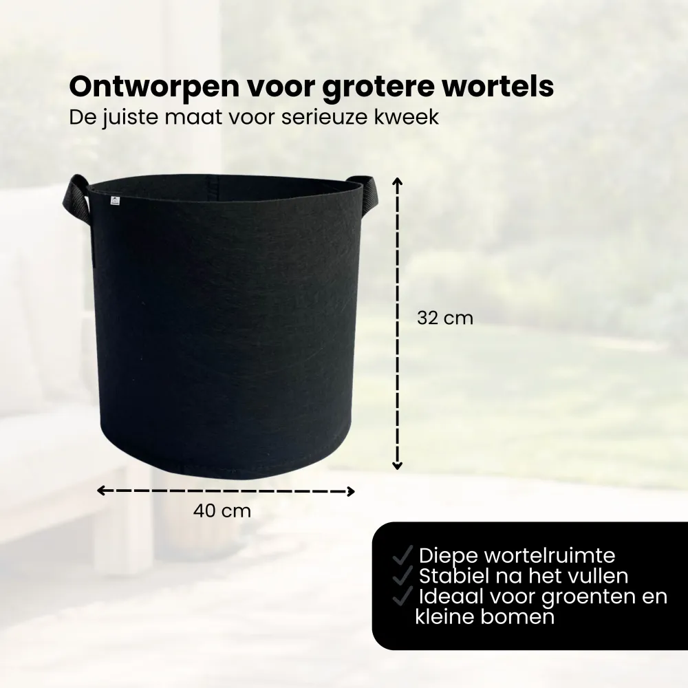 Kweekzak 40 cm – Stoffen Kweekpot met Handgrepen – Ademend & Herbruikbaar – Groeizak voor Groenten, Fruit en Kruiden – Zwa...