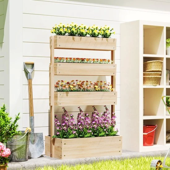 Verhoogde Plantenbak Hout - 4-laags Plantenrek met Drainage - 88,5 x 45 x 140 cm