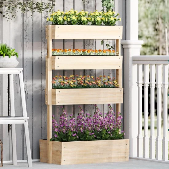 Verhoogde Plantenbak Hout - 4-laags Plantenrek met Drainage - 88,5 x 45 x 140 cm