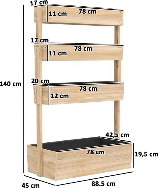 Verhoogde Plantenbak Hout - 4-laags Plantenrek met Drainage - 88,5 x 45 x 140 cm